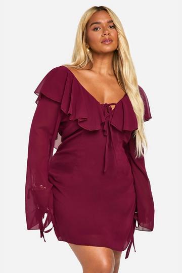 Burgundy Red Plus Woven Ruffle Shift Dress