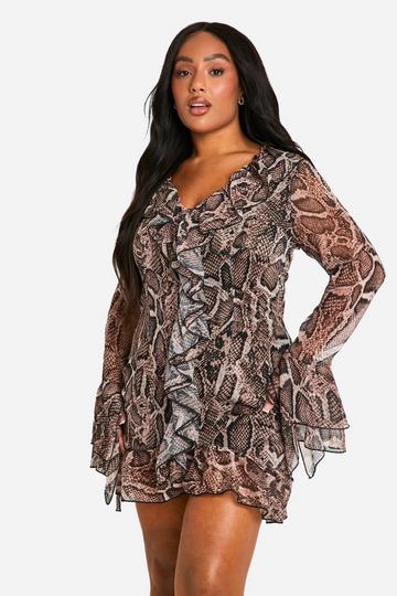 Plus Woven Ruffle Snake Print Shift Dress snake