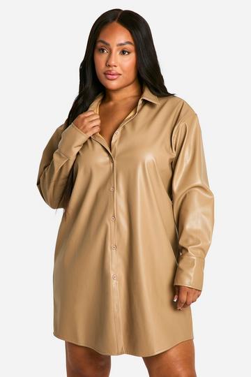 Stone Beige Plus Pu Pocket Shirt Dress