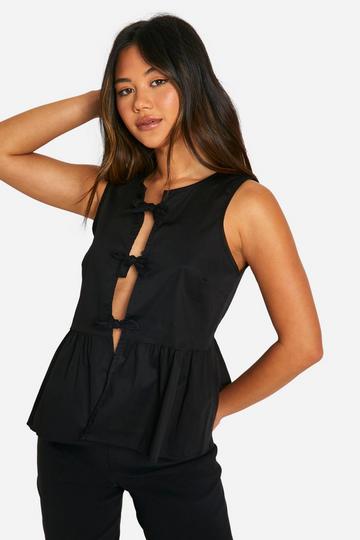 Sleeveless Tie Front Poplin Smock Top black