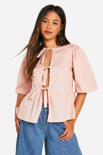 Tie Front Poplin Puff Sleeve Smock Top powder pink