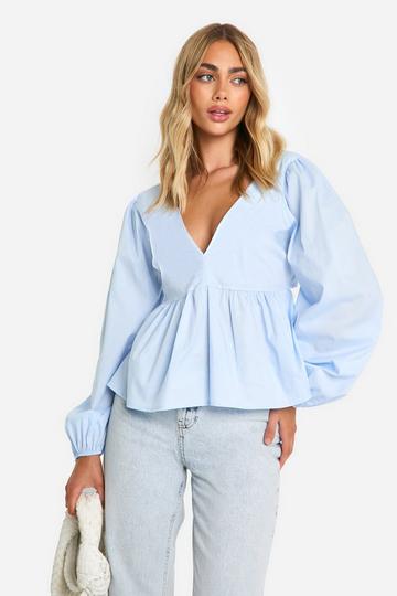 Long Sleeve Tie Back Peplum Smock Top powder blue