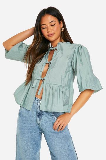 Sage Green Crinkle Puff Sleeve Tie Front Smock Top