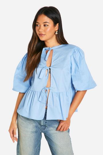 Tie Front Poplin Puff Sleeve Smock Top powder blue