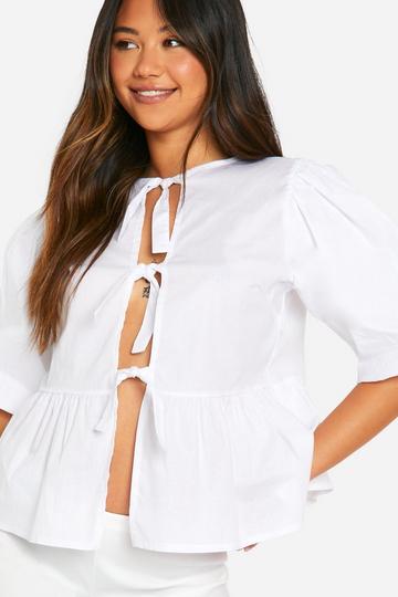 White Tie Front Poplin Puff Sleeve Smock Top