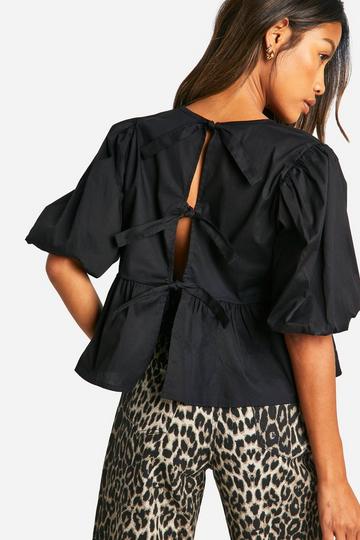 Tie Back Puff Sleeve Poplin Smock Top black