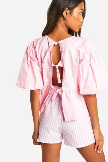 Tie Back Puff Sleeve Poplin Smock Top soft pink