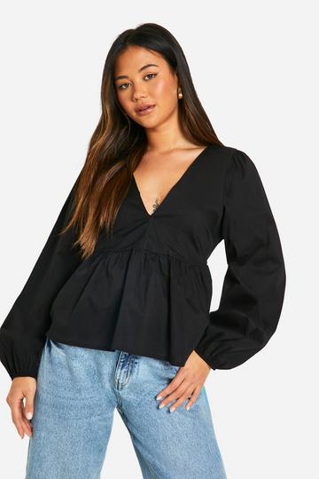 Tie Back Balloon Sleeve Poplin Peplum Smock Top black