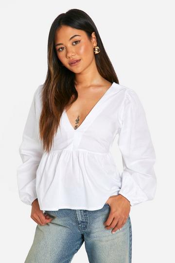 White Tie Back Balloon Sleeve Poplin Peplum Smock Top