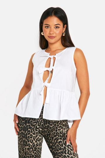 Sleeveless Tie Front Poplin Smock Top white