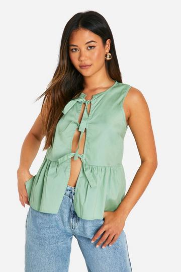 Sleeveless Tie Front Poplin Smock Top sage