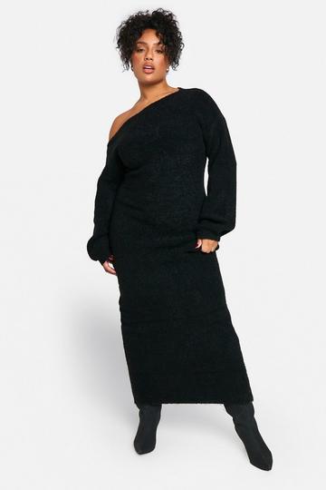 Plus Nepwollen Gebreide Maxi Jurk Met Open Schouders black