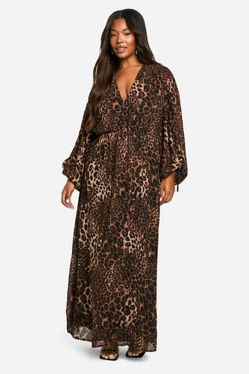 Plus Geplooide Luipaardprint Maxi Jurk Met Blouse Mouwen leopard