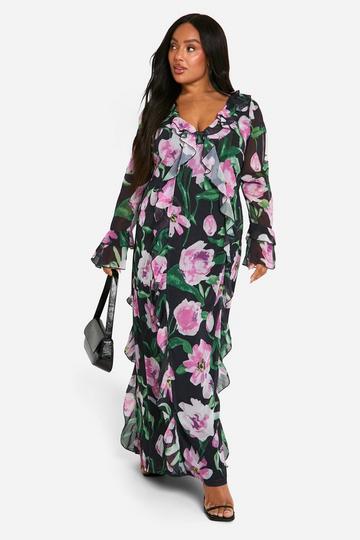 Plus Bloemen Maxi Jurk Met Ruches black