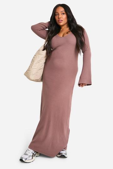 Plus Basic Rib Flare Sleeve V Neck Dress mocha