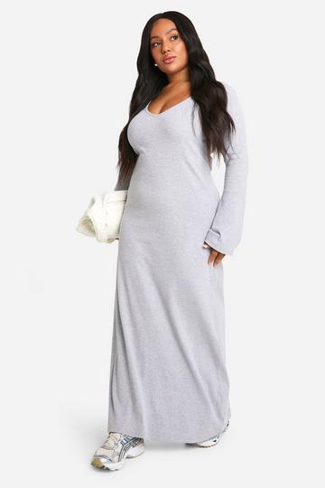 Grey Plus Basic Rib Flare Sleeve V Neck Dress