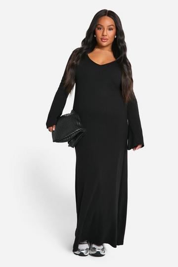 Plus Basic Rib Flare Sleeve V Neck Dress black