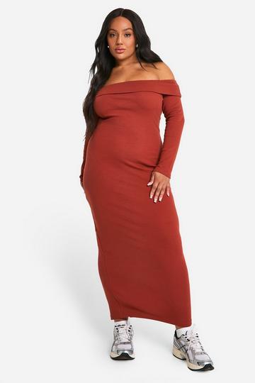 Plus Basic Geribbelde Off Shoulder Maxi Jurk rust