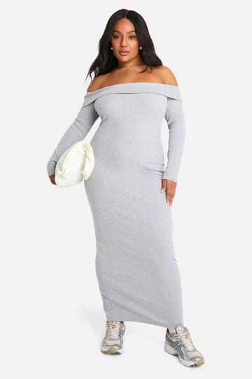 Grey Plus Basic Rib Off The Shoulder Maxi Dress