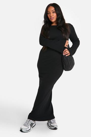 Black Plus Basic Rib Flare Sleeve Dress