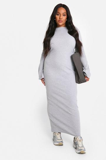 Grey Plus Basic Rib Flare Sleeve Dress