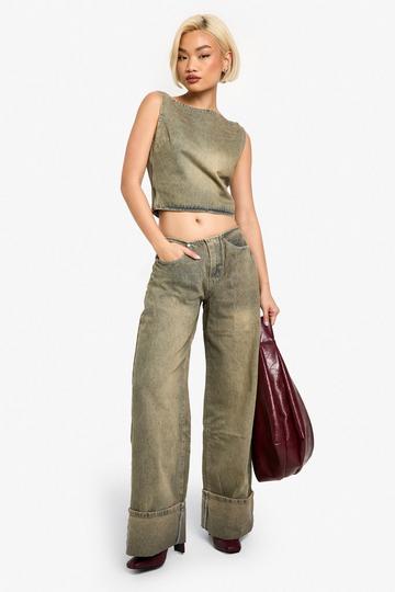 Brown Turn Up Cuff Wide Leg Jean