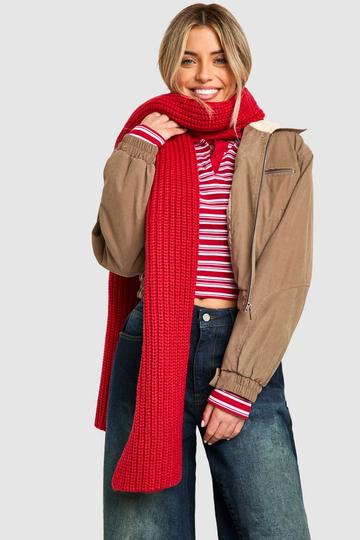 Red Chunky Ribbed Knit Long Scarf