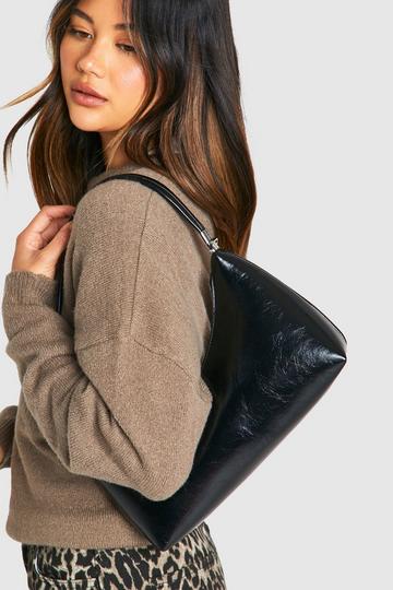 Shiny Pu Zip Shoulder Bag With Crossbody Strap black