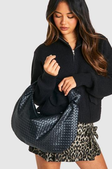 Woven Knotted Strap Detail Oversized Shoulder Bag black