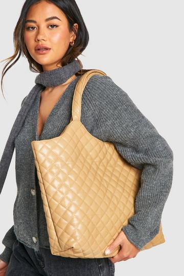 Quilted Leather Look Shopper Tote Bag taupe