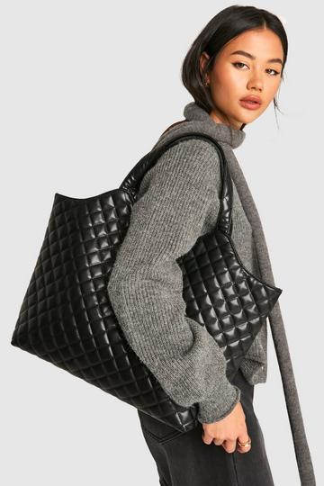 Black Quilted Faux Leather Shopper Tote Bag