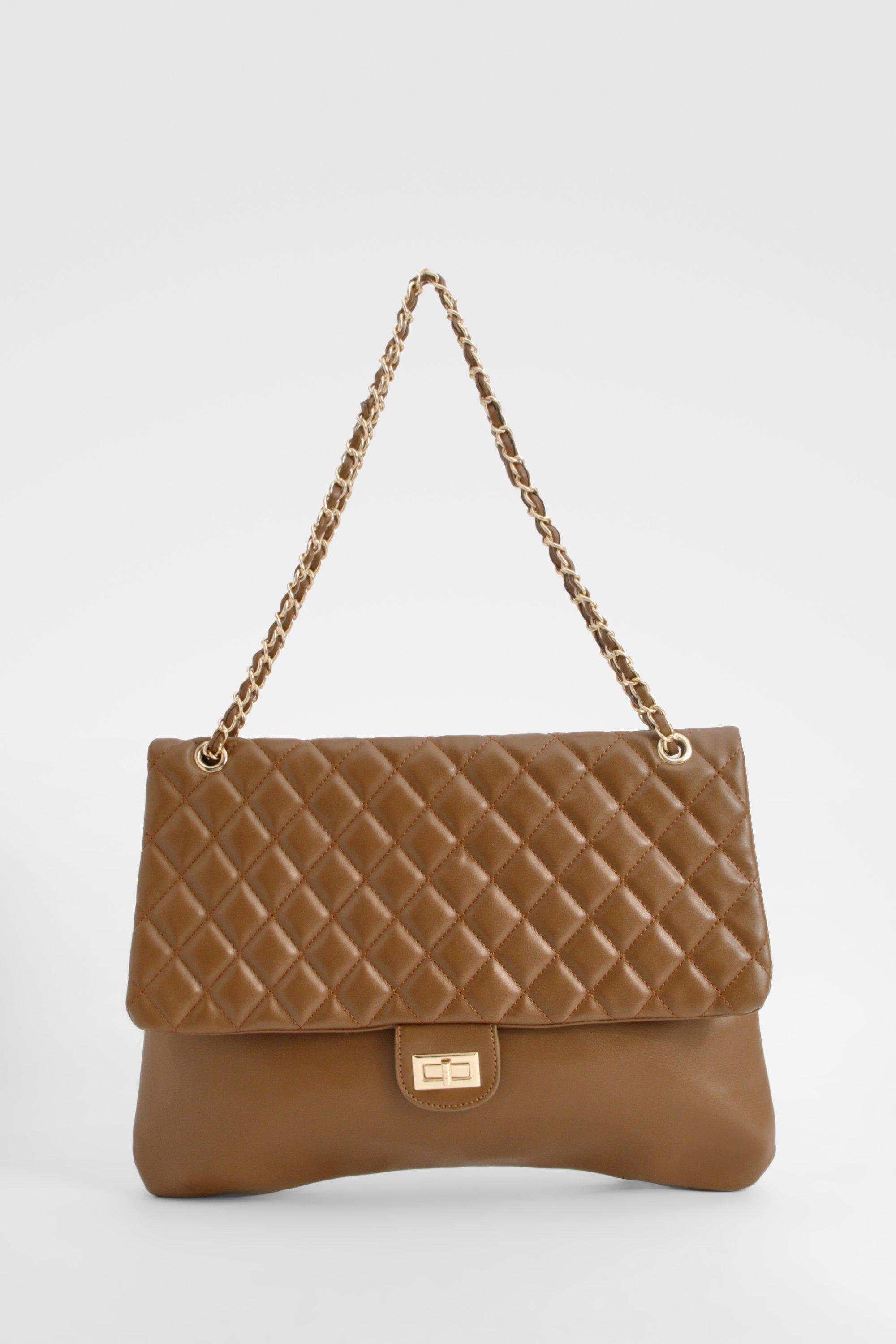 Boohoo Women s Quilted Leather Look Shoulder Bag Brown