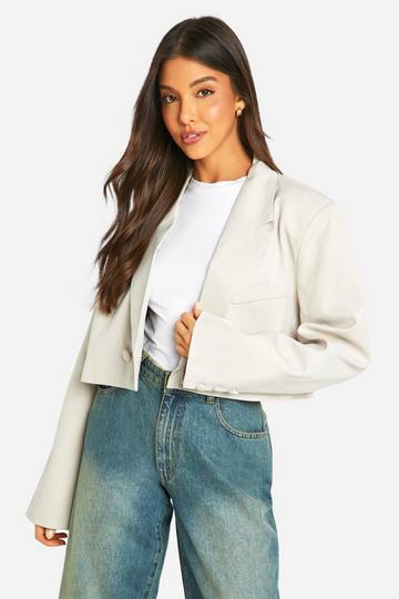 Stone Beige Double Breasted Boxy Crop Blazer