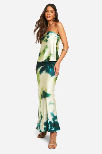 Tie Dye Satin Longline Bandeau & Maxi Skirt green