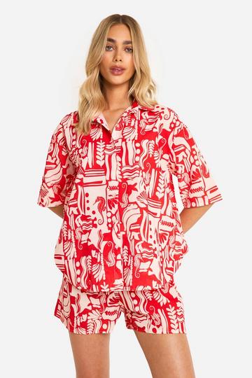 Oversized Linnen Look Overhemd Met Print En Shorts Set red