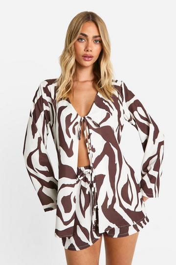 Tonal Print Hammered Tie Front Blouse & Relaxed Fit Shorts chocolate