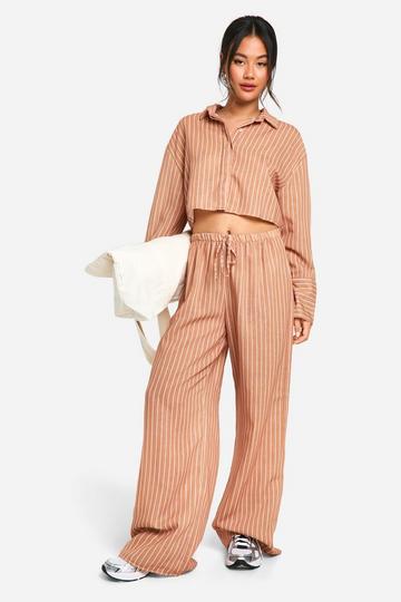 Camel Beige Linen Look Stripe Cropped Shirt & Wide Leg Trousers