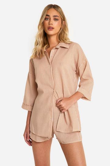 Oversized Gestreept Linnen Look Overhemd En Shorts Set camel