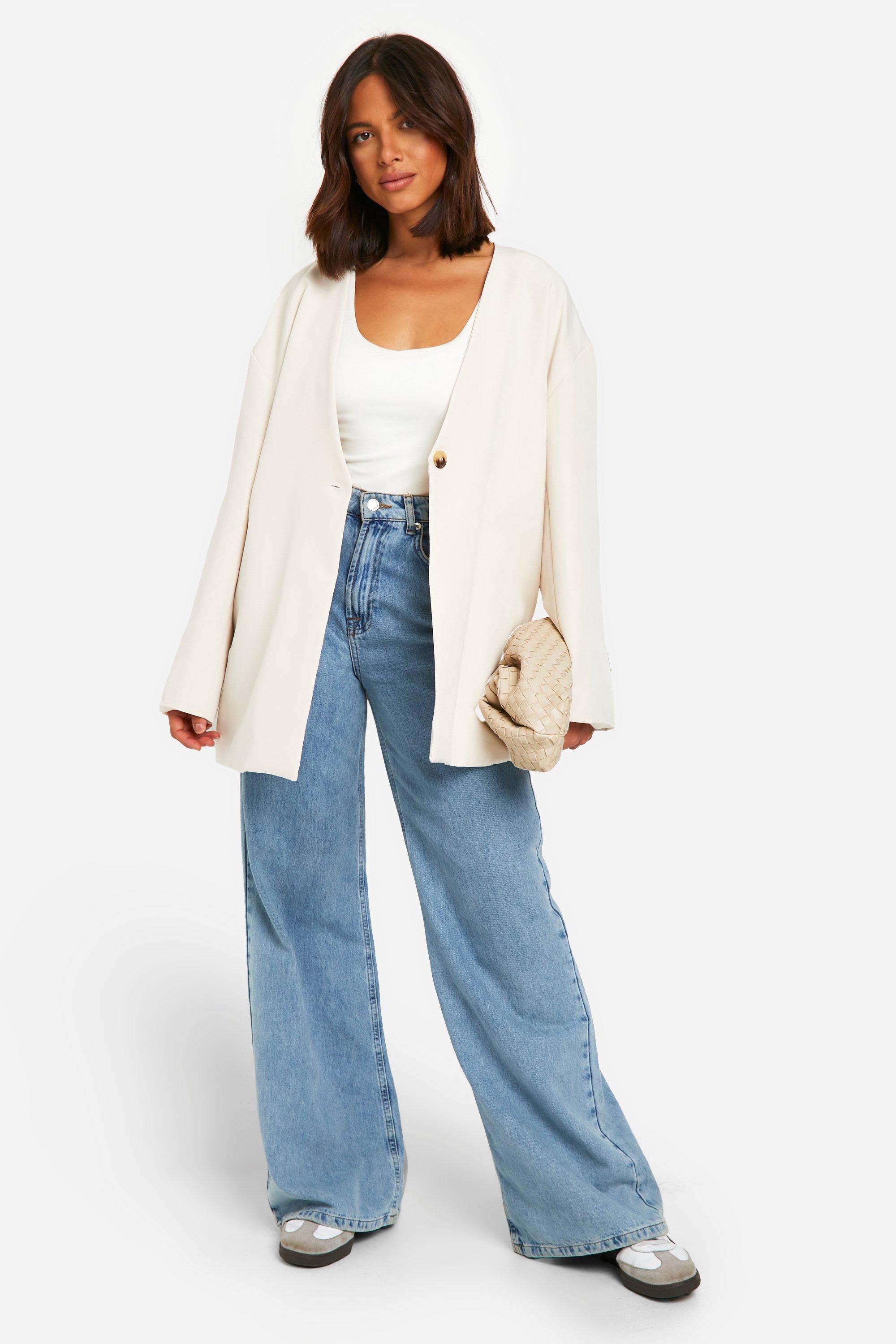 Collarless long blazer hot sale