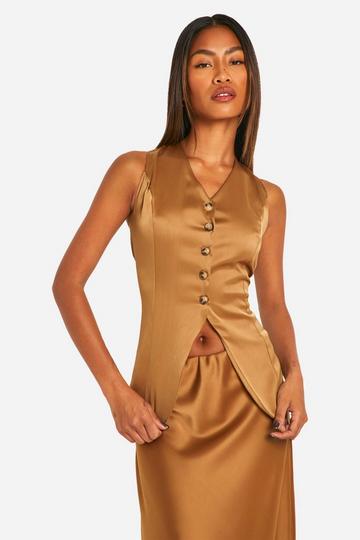 Fluid Premium Satin Longline Waistcoat mocha