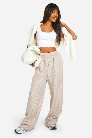 Contrast Waistband Check Wide Leg Trousers ecru