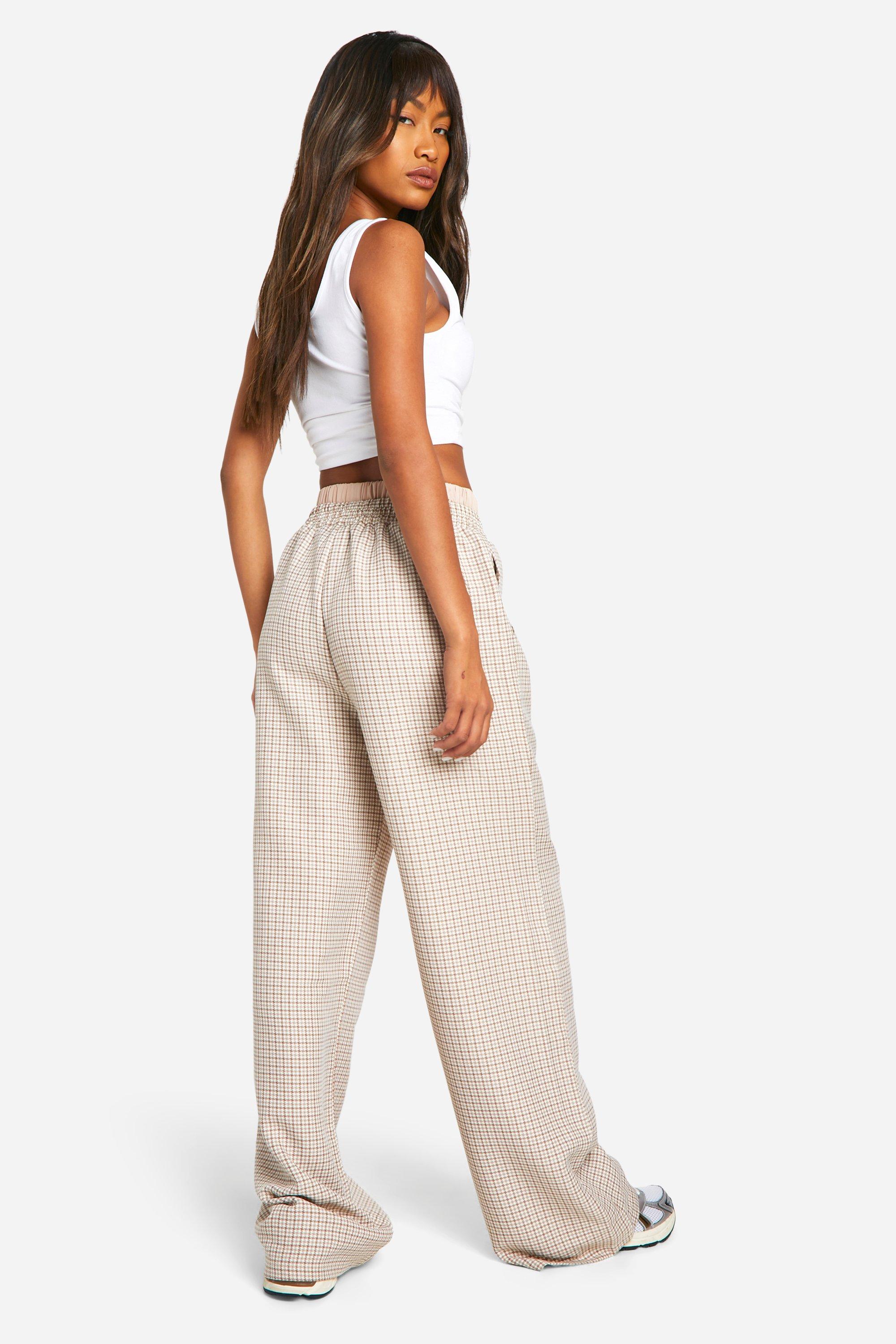 Contrast Waistband Check Wide Leg Trousers