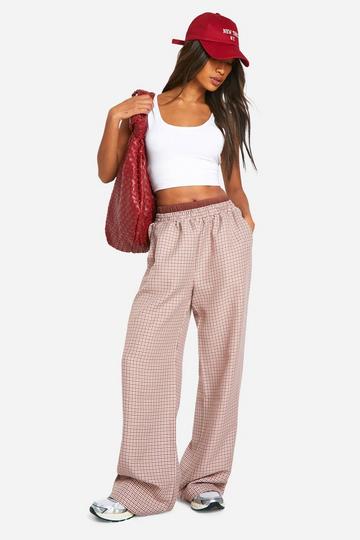 Tan Brown Contrast Waistband Check Wide Leg Trousers