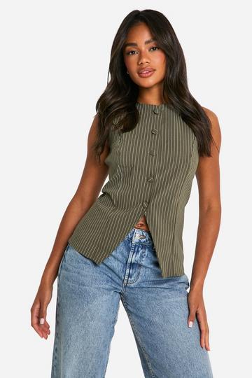 Pinstripe Self Fabric Button Front Vest khaki