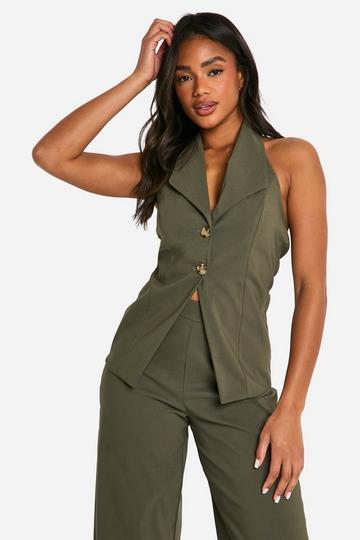 Getailleerde Super Stretch Gilet Met Nephoornen Knopen khaki