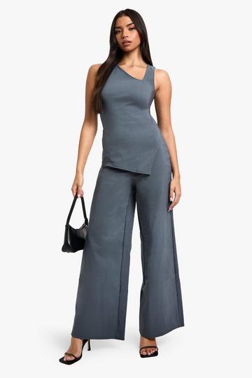 Super Stretch Asymmetric Longline Top & Wide Leg Trousers slate