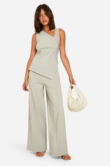 Super Stretch Asymmetric Longline Top & Wide Leg Trousers taupe