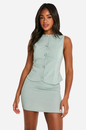 Super Stretch Curved Hem Waistcoat & Micro Mini Skirt sage