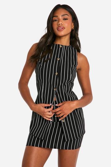 Super Stretch Pinstripe Longerline Waistcoat & Micro Mini Skirt black