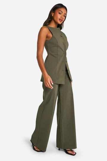 Super Stretch Fitted Longerline Vest & Wide Leg Pants khaki